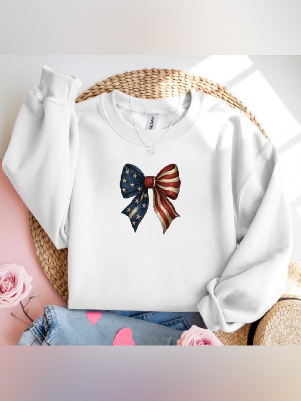 American Flag Bow White Crewneck Sweatshirt Patriotic USA 4th of July